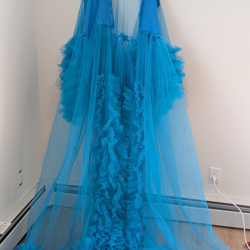 Maternity Vibrant Turquoise Sheer Ruffle Maxi Robe - Picture 5 of 6